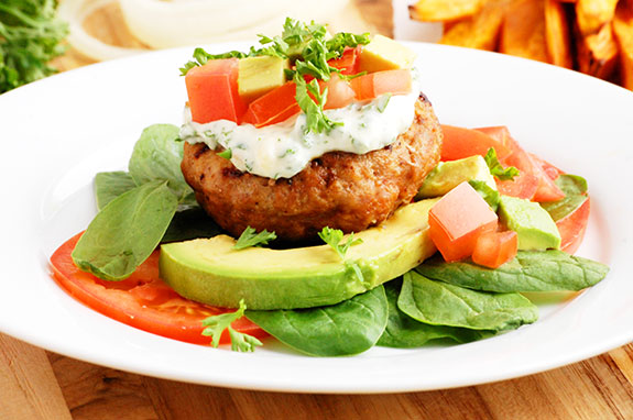 Greek Turkey Burger with Tzatziki & Dill Pickle Hot Sauce